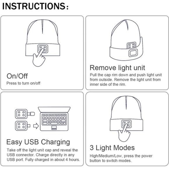 LED Beanie with Light,Unisex USB Rechargeable Hands Free 4 LED Headlamp Cap - Picture 7 of 7